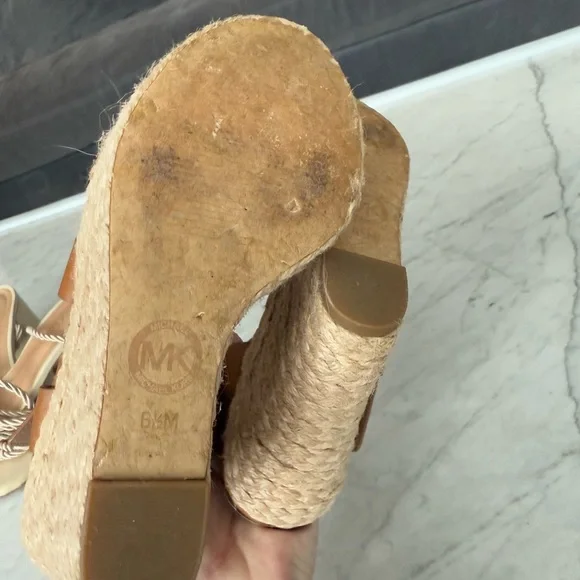 Michael Kors Brown Leather Wedge Sandals with Gold Buckle - Picture 4 of 4